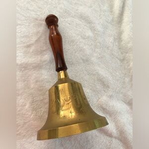 Vintage Brass large Hand Bell dinner kitchen school Wooden Handle about 9”x 4.5”